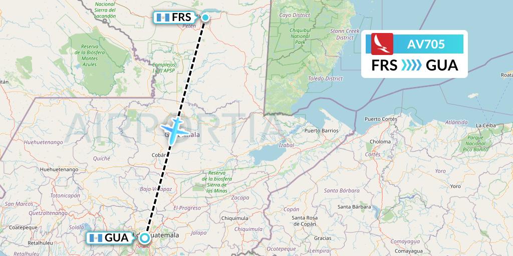 AV705 Avianca Flight Map: Flores to Guatemala City