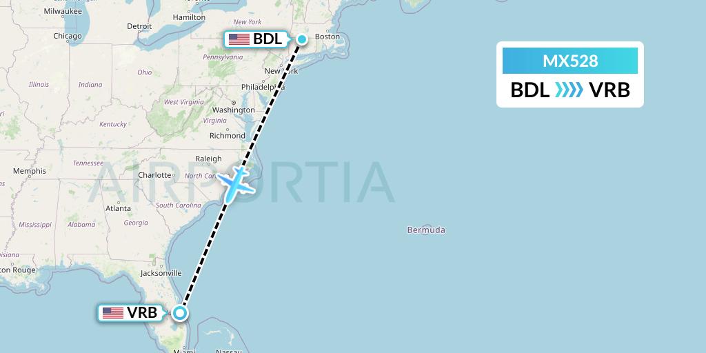 MX528 Breeze Airways Flight Map: Windsor Locks to Vero Beach