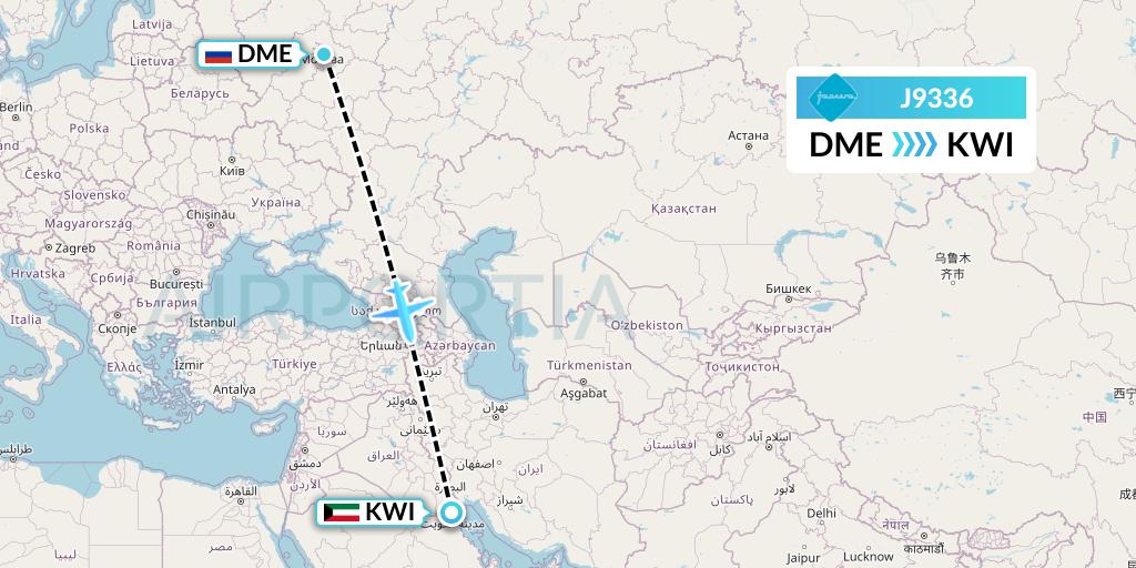 J9336 Jazeera Airways Flight Map: Moscow to Kuwait City