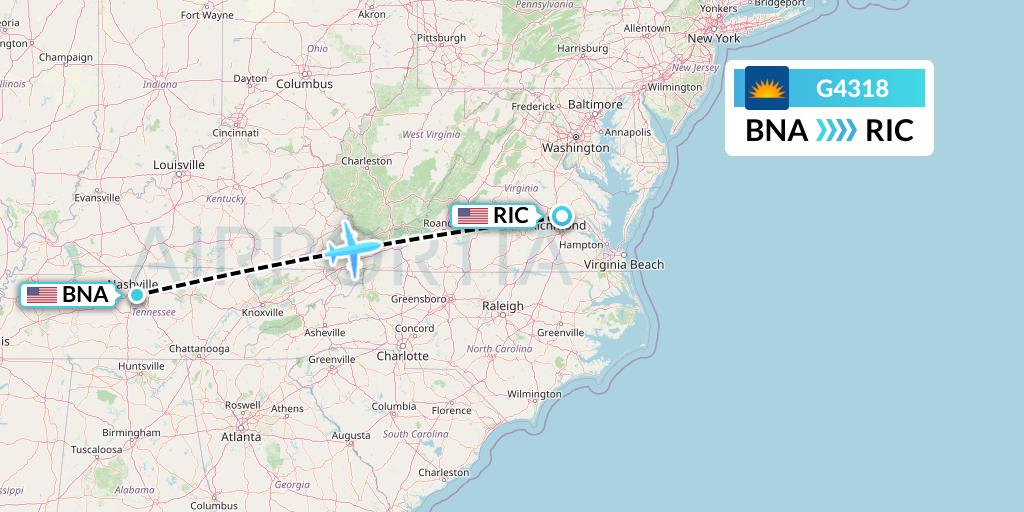 G4318 Allegiant Air Flight Map: Nashville to Richmond
