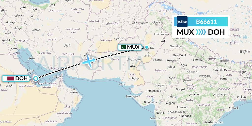 B66611 JetBlue Airways Flight Map: Multan to Doha