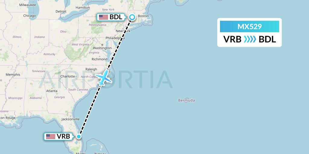MX529 Breeze Airways Flight Map: Vero Beach to Windsor Locks