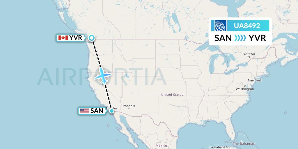 UA8492 United Airlines Flight Map: San Diego to Vancouver