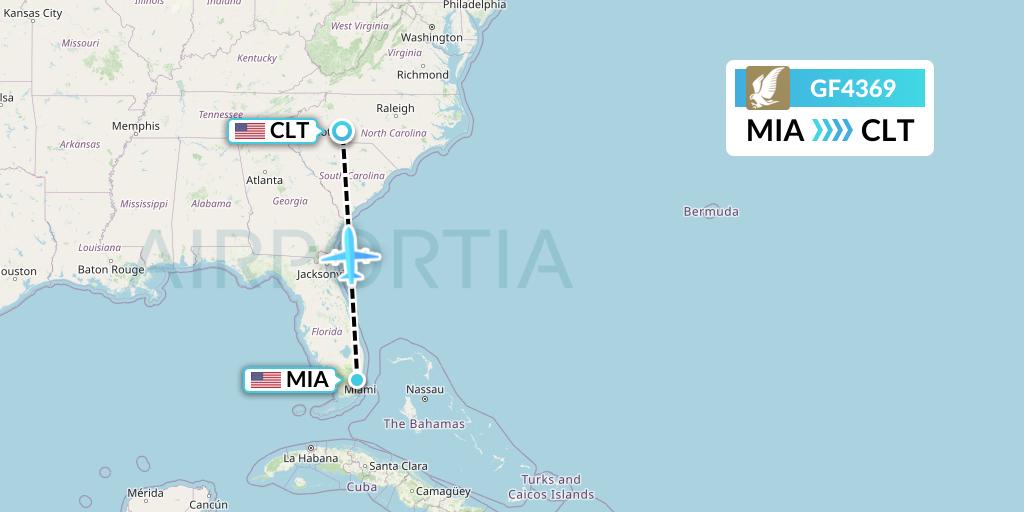 GF4369 Gulf Air Flight Map: Miami to Charlotte