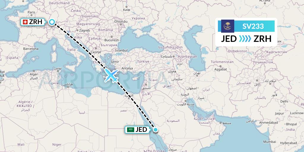 SV233 Saudi Arabian Airlines Flight Map: Jeddah to Zurich