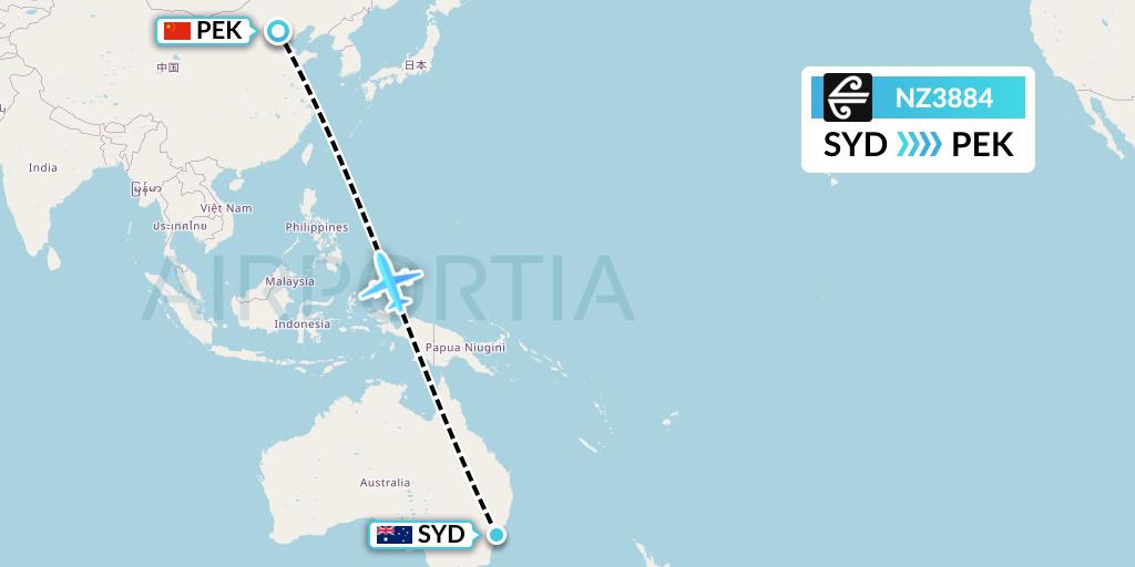 NZ3884 Air New Zealand Flight Map: Sydney to Beijing