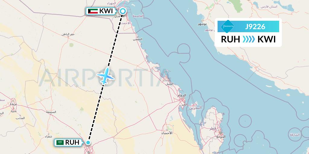 J9226 Jazeera Airways Flight Map: Riyadh to Kuwait City