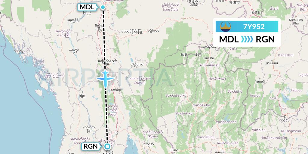 7Y952 Mann Yadanarpon Airlines Flight Map: Mandalay to Yangon