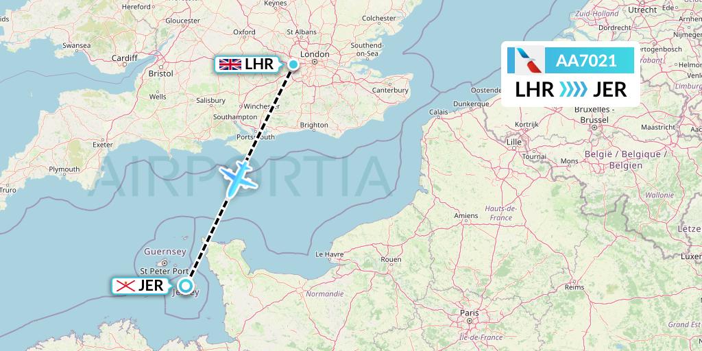 AA7021 American Airlines Flight Map: London to Jersey