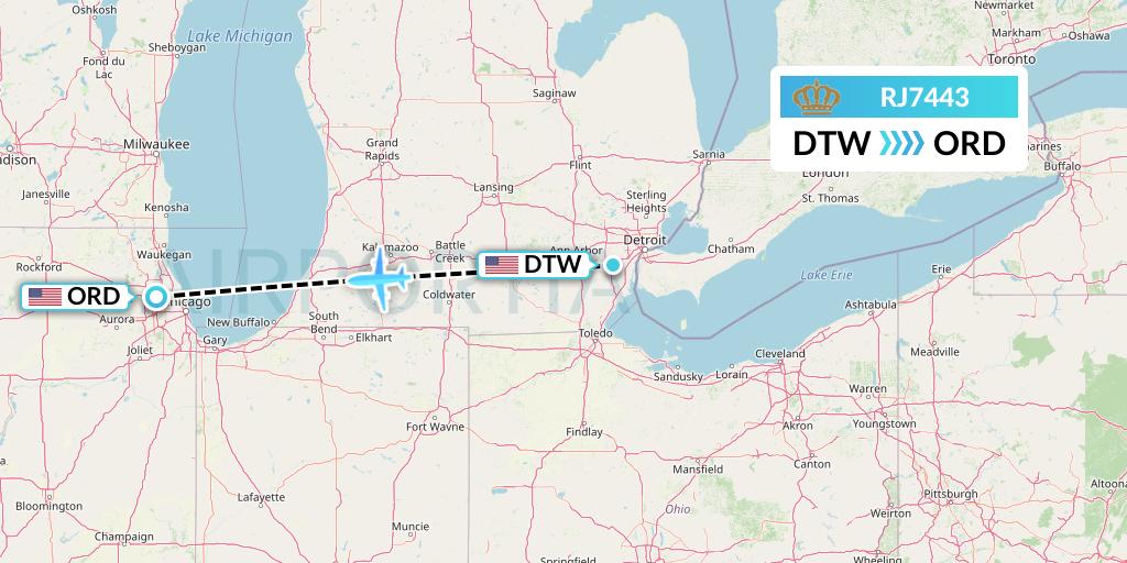 RJ7443 Royal Jordanian Flight Map: Detroit to Chicago