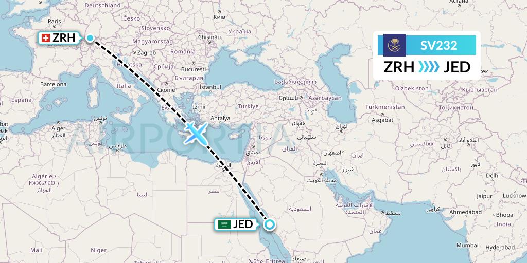 SV232 Saudi Arabian Airlines Flight Map: Zurich to Jeddah