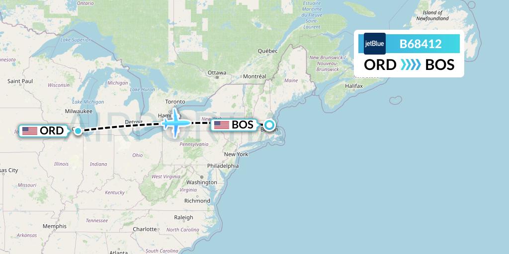 B68412 JetBlue Airways Flight Map: Chicago to Boston