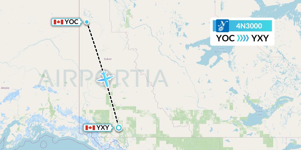 4N3000 Air North Flight Map: Old Crow to Whitehorse