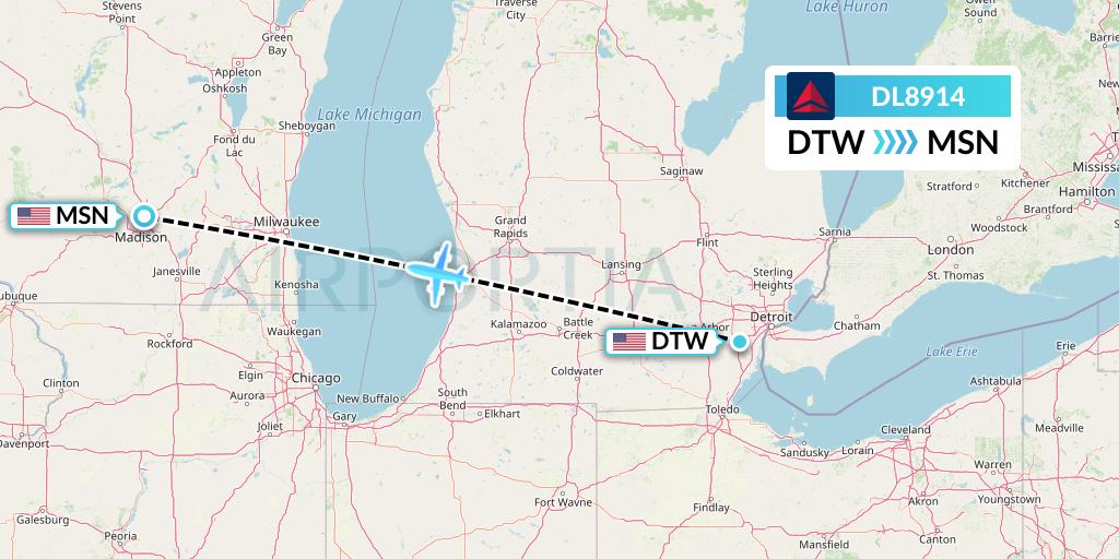 DL8914 Delta Air Lines Flight Map: Detroit to Madison