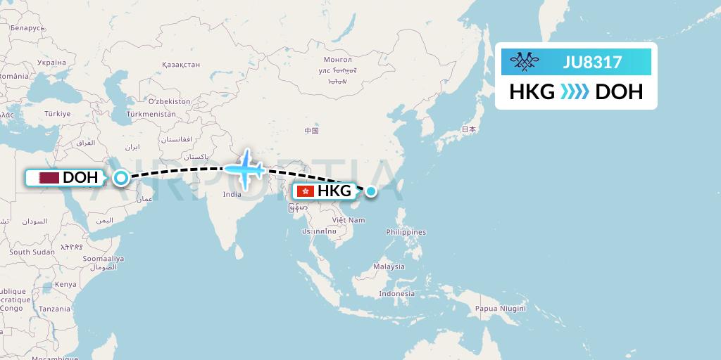 JU8317 AirSERBIA Flight Map: Hong Kong to Doha