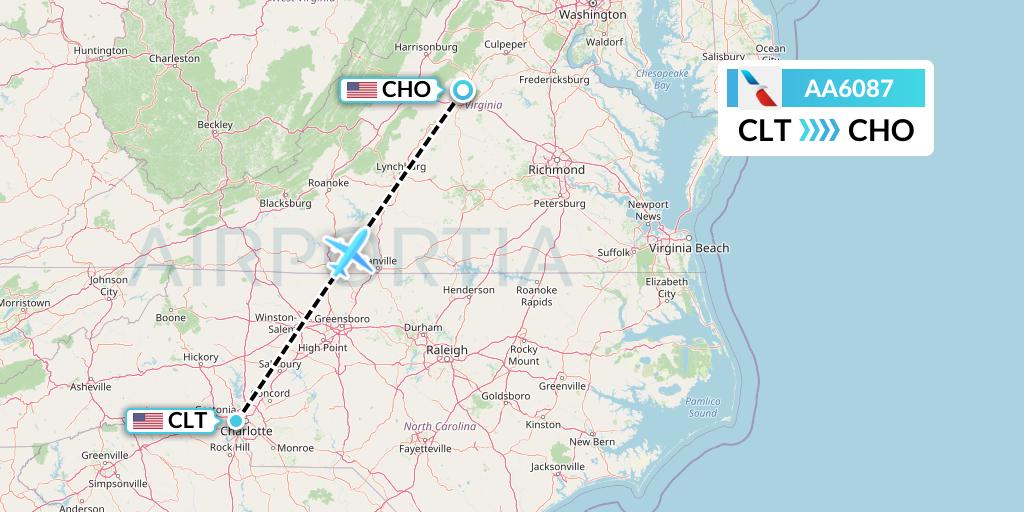 AA6087 American Airlines Flight Map: Charlotte to Charlottesville