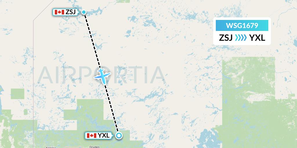 WSG1679 Wasaya Airways Flight Map: Sandy Lake to Sioux Lookout
