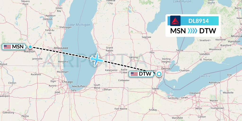 DL8914 Delta Air Lines Flight Map: Madison to Detroit