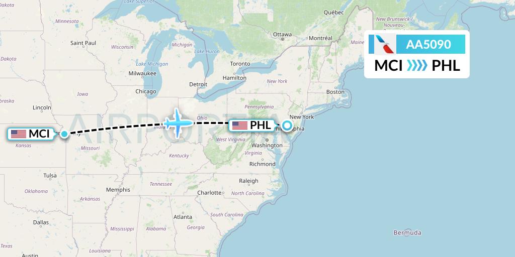 AA5090 American Airlines Flight Map: Kansas City to Philadelphia