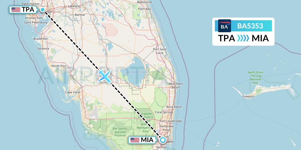 BA5353 British Airways Flight Map: Tampa to Miami