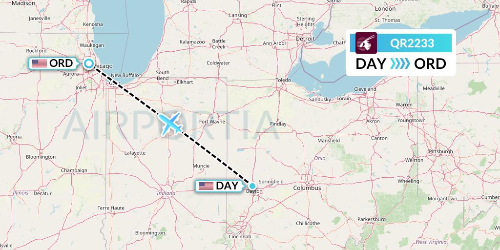 QR2233 Qatar Airways Flight Map: Dayton to Chicago