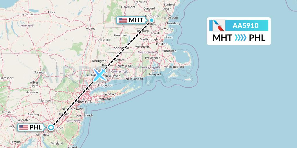 AA5910 American Airlines Flight Map: Manchester to Philadelphia