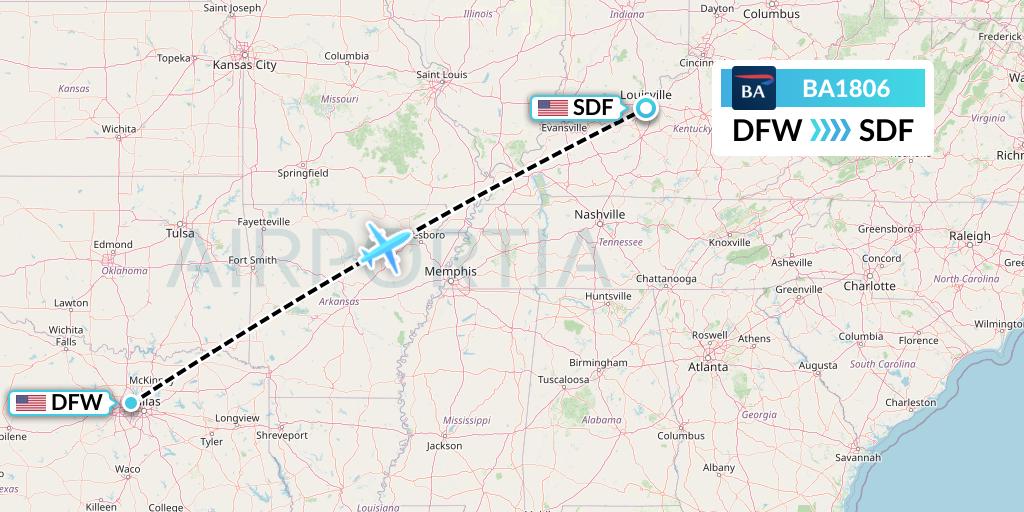 BA1806 British Airways Flight Map: Dallas to Louisville
