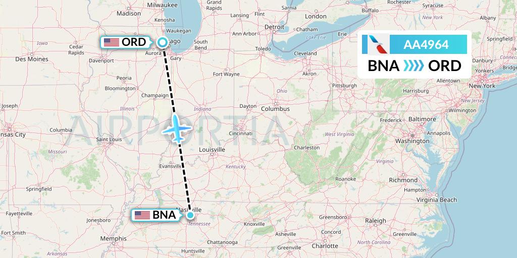AA4964 American Airlines Flight Map: Nashville to Chicago