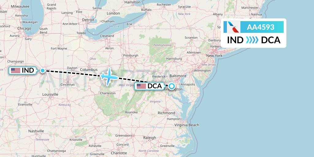 AA4593 American Airlines Flight Map: Indianapolis to Washington