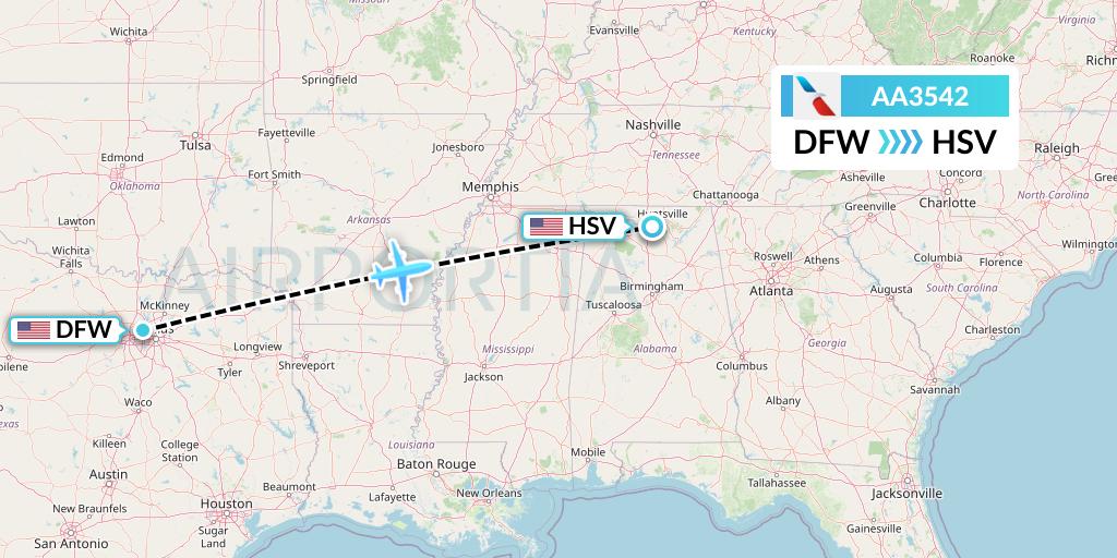AA3542 American Airlines Flight Map: Dallas to Huntsville