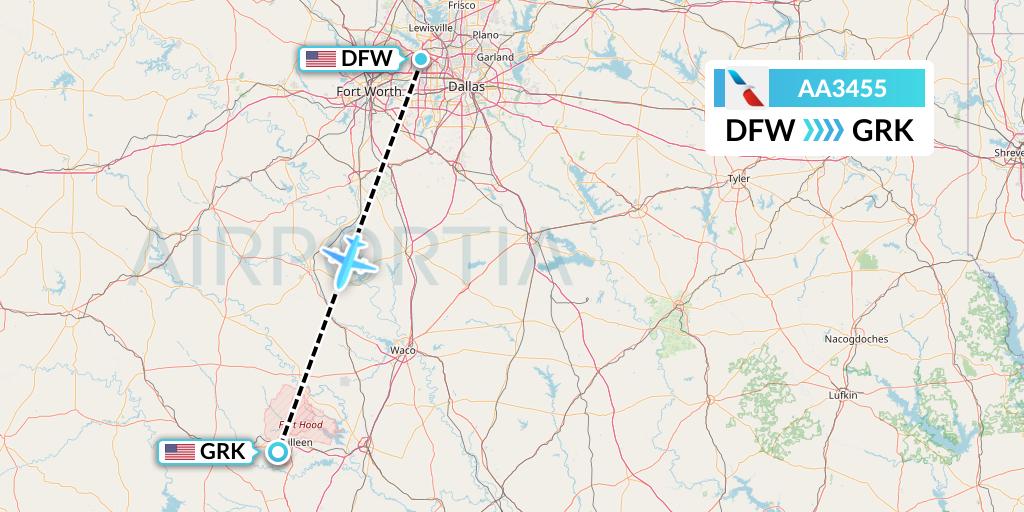 AA3455 American Airlines Flight Map: Dallas to Killeen