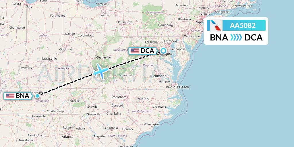 AA5082 American Airlines Flight Map: Nashville to Washington