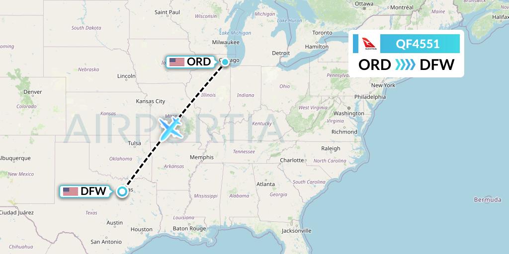 QF4551 Qantas Flight Map: Chicago to Dallas