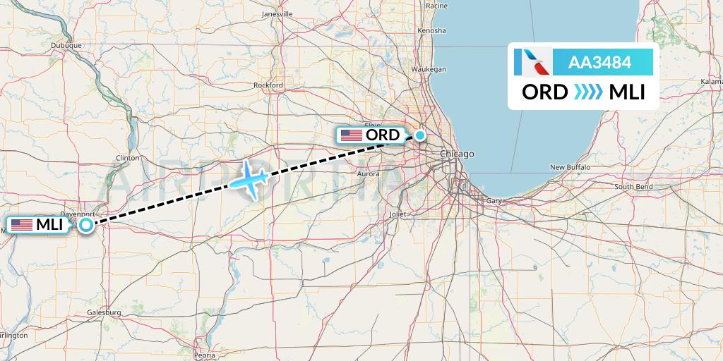 AA3484 American Airlines Flight Map: Chicago to Moline