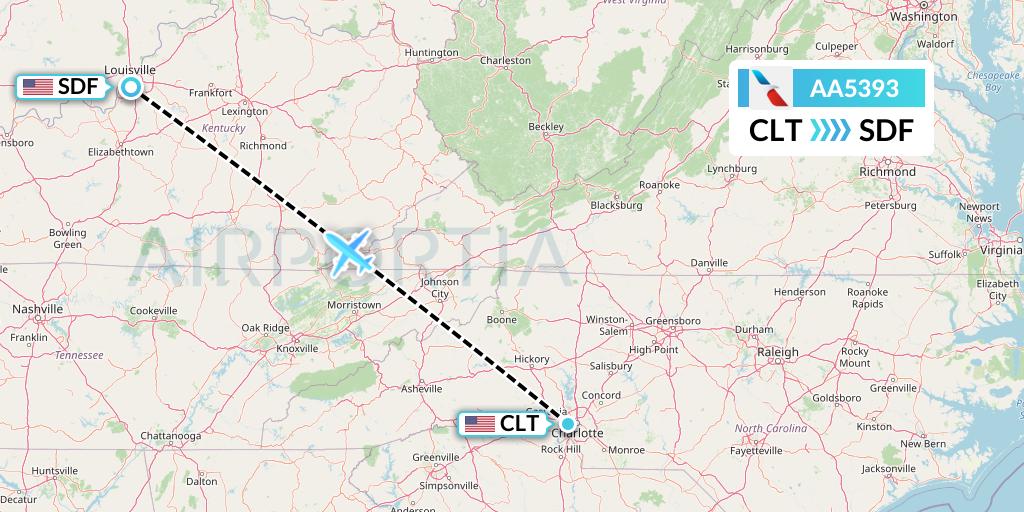 AA5393 American Airlines Flight Map: Charlotte to Louisville