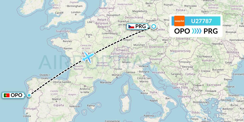 U27787 EasyJet Flight Map: Porto to Prague