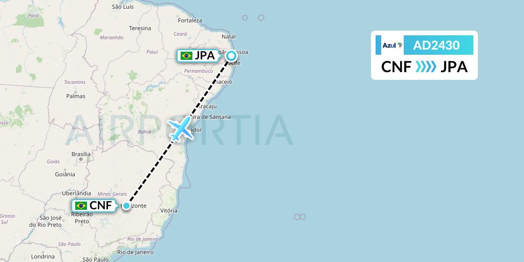 AD2430 Azul Brazilian Airlines Flight Map: Belo Horizonte to Joao Pessoa