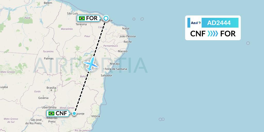 AD2444 Azul Brazilian Airlines Flight Map: Belo Horizonte to Fortaleza