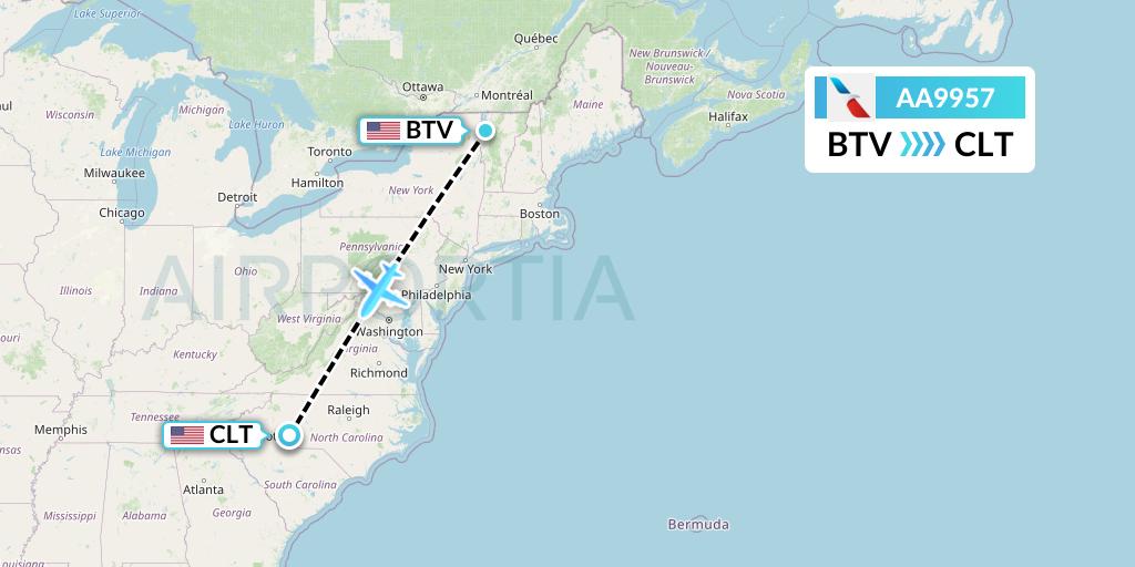 AA9957 American Airlines Flight Map: Burlington to Charlotte