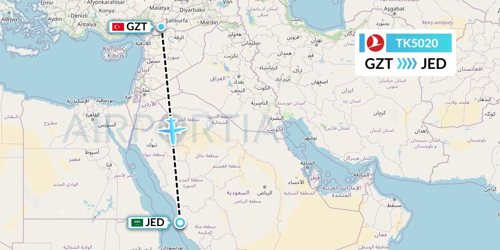 TK5020 Turkish Airlines Flight Map: Gaziantep to Jeddah