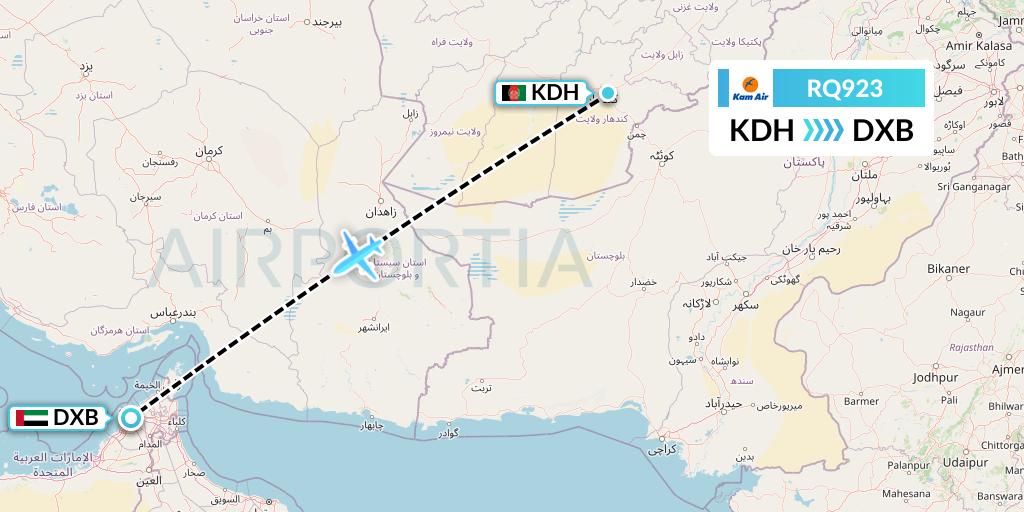 RQ923 Kam Air Flight Map: Kandahar to Dubai