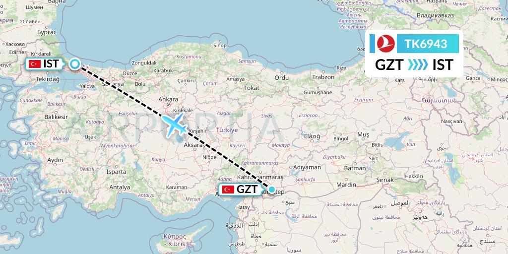 TK6943 Turkish Airlines Flight Map: Gaziantep to Istanbul