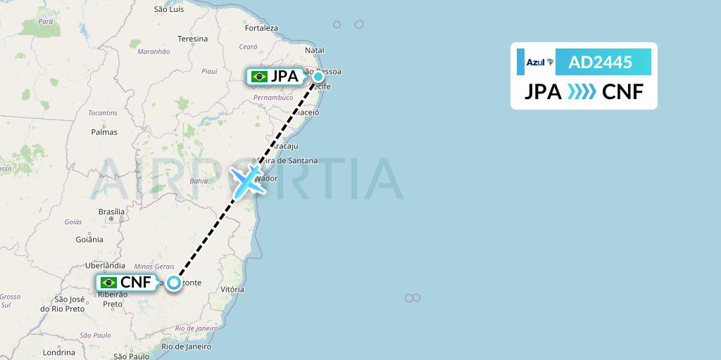 AD2445 Azul Brazilian Airlines Flight Map: Joao Pessoa to Belo Horizonte
