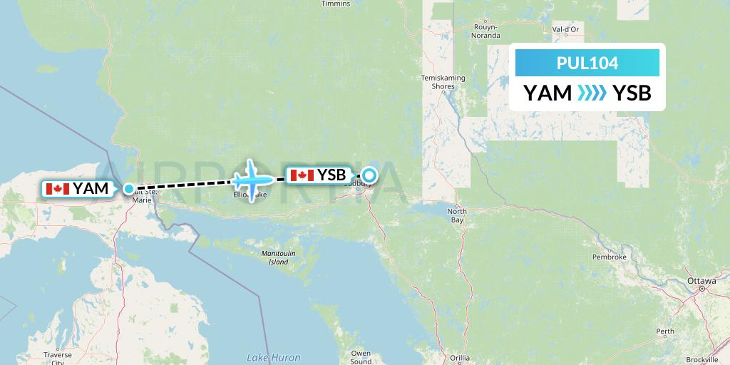 PUL104 Ornge Air Flight Map: Sault Ste. Marie to Sudbury