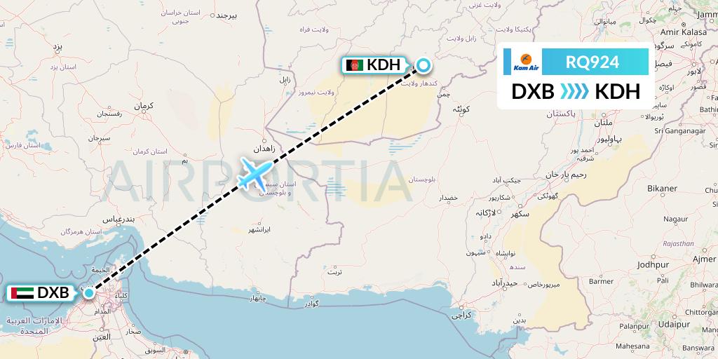 RQ924 Kam Air Flight Map: Dubai to Kandahar