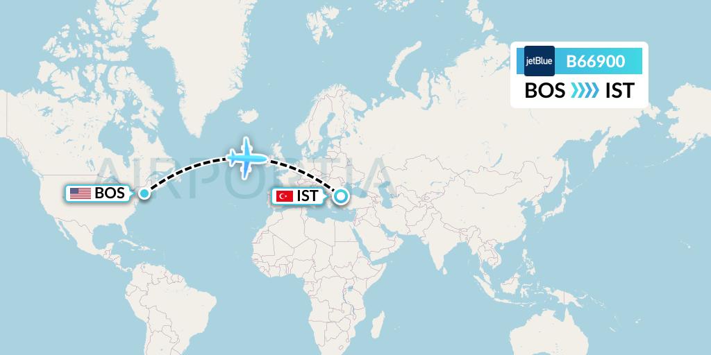 B66900 JetBlue Airways Flight Map: Boston to Istanbul