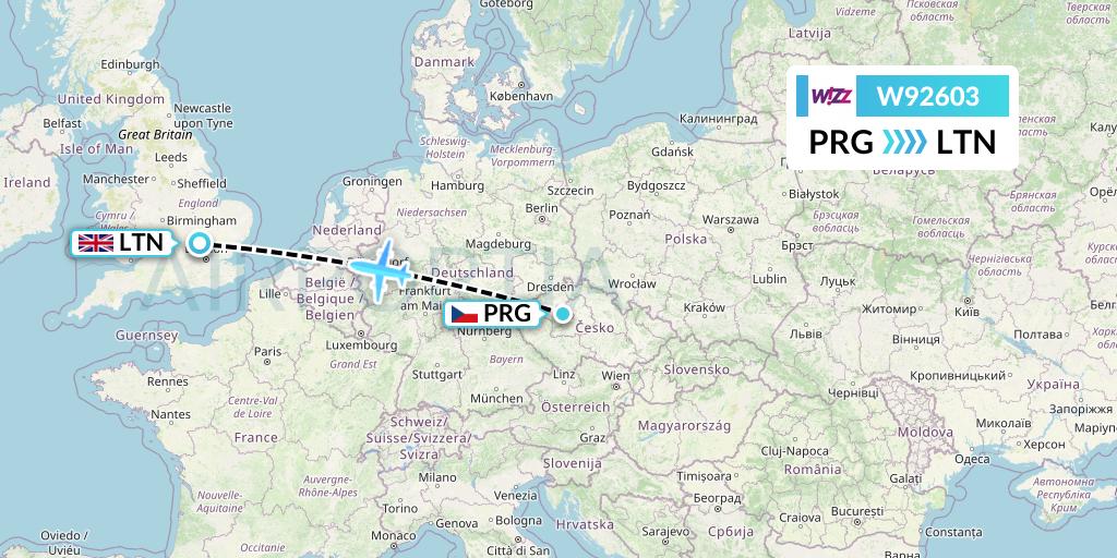 W92603 Wizz Air UK Flight Map: Prague to London