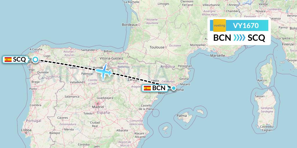 VY1670 Vueling Flight Map: Barcelona to Santiago