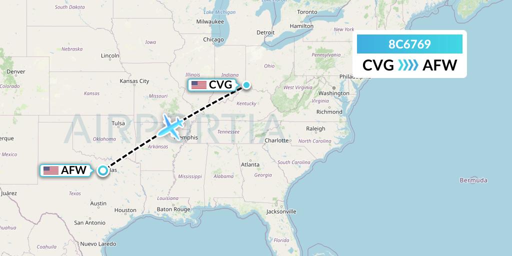 8C6769 Air Transport International Flight Map: Cincinnati to Fort Worth