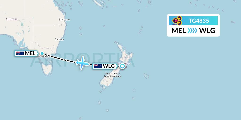 TG4835 Thai Airways Flight Map: Melbourne to Wellington
